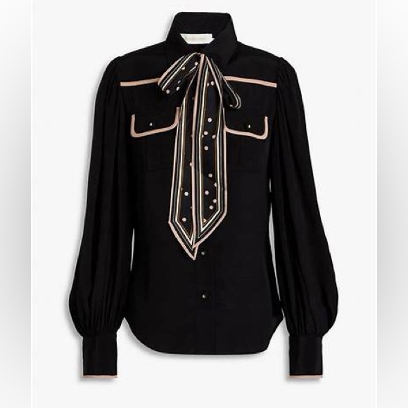Zimmermann Tops - ZIMMERMANN Black and Tan Bow Printed Crepe De Chine Blouse NWT
